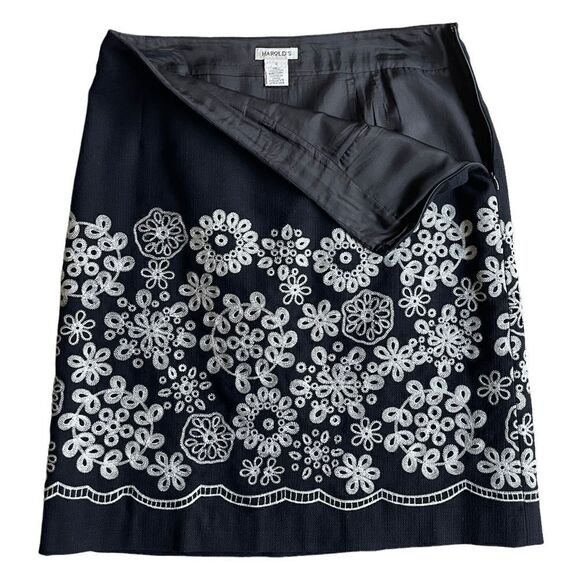 VTG Harold’s White Floral Embroidery Contrast Black Summer Cotton Tweed Skirt - Picture 3 of 15
